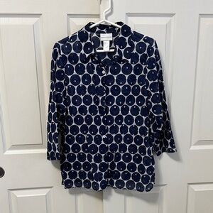 Alfred Dunner Navy and White Polka Dot Button-Up Blouse